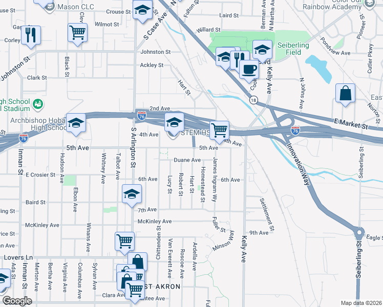 map of restaurants, bars, coffee shops, grocery stores, and more near 1334 Hart Street in Akron
