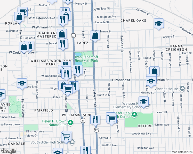 map of restaurants, bars, coffee shops, grocery stores, and more near 2607 Lafayette Street in Fort Wayne