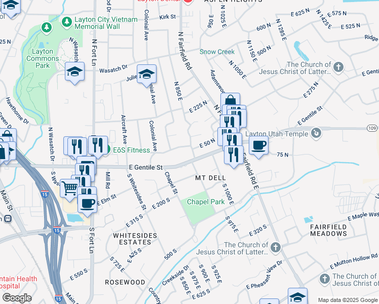 map of restaurants, bars, coffee shops, grocery stores, and more near 43 North 850 East in Layton