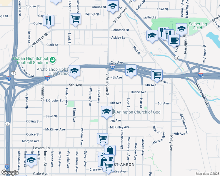 map of restaurants, bars, coffee shops, grocery stores, and more near 409 South Arlington Street in Akron