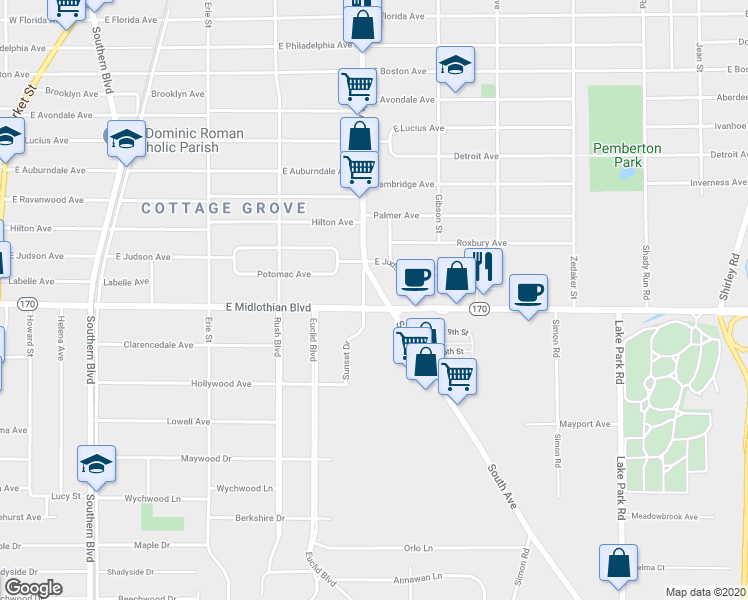 map of restaurants, bars, coffee shops, grocery stores, and more near 504 East Midlothian Boulevard in Youngstown