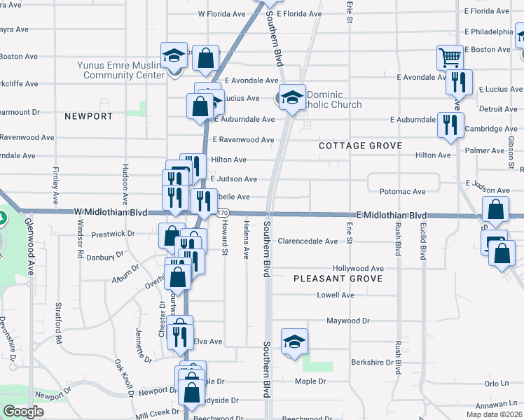 map of restaurants, bars, coffee shops, grocery stores, and more near 3828 Southern Boulevard in Youngstown