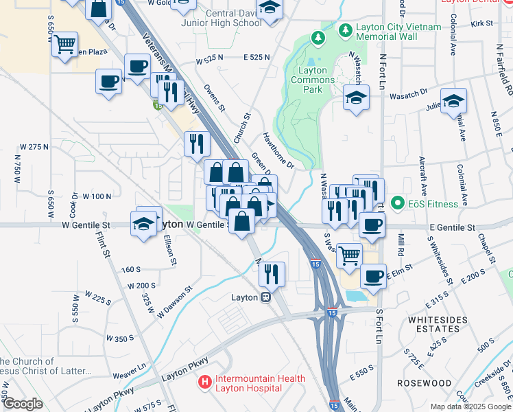 map of restaurants, bars, coffee shops, grocery stores, and more near 45 East Gentile Street in Layton