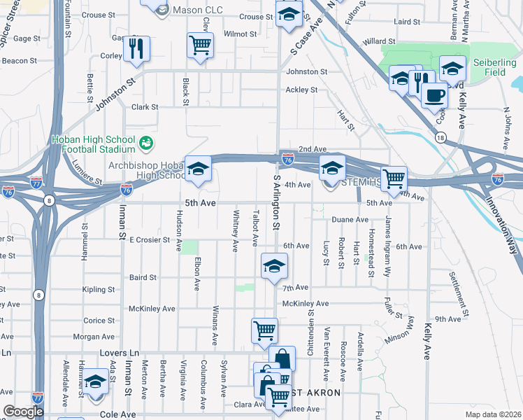 map of restaurants, bars, coffee shops, grocery stores, and more near 411 Talbot Ave in Akron