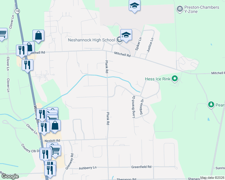 map of restaurants, bars, coffee shops, grocery stores, and more near 107 Neshannock Trails Dr in New Castle