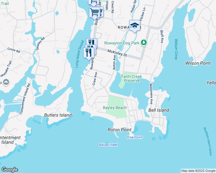map of restaurants, bars, coffee shops, grocery stores, and more near 79 Roton Avenue in Norwalk