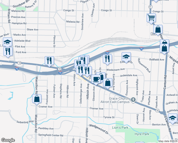 map of restaurants, bars, coffee shops, grocery stores, and more near 49 Verdun Drive in Akron