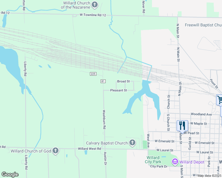 map of restaurants, bars, coffee shops, grocery stores, and more near 4330 Pleasant Street in Willard