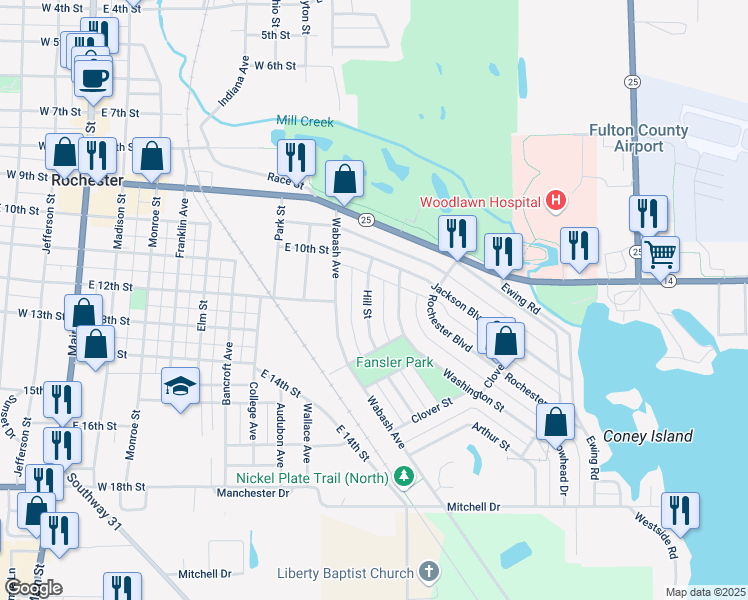 map of restaurants, bars, coffee shops, grocery stores, and more near 1141 Hill Street in Rochester