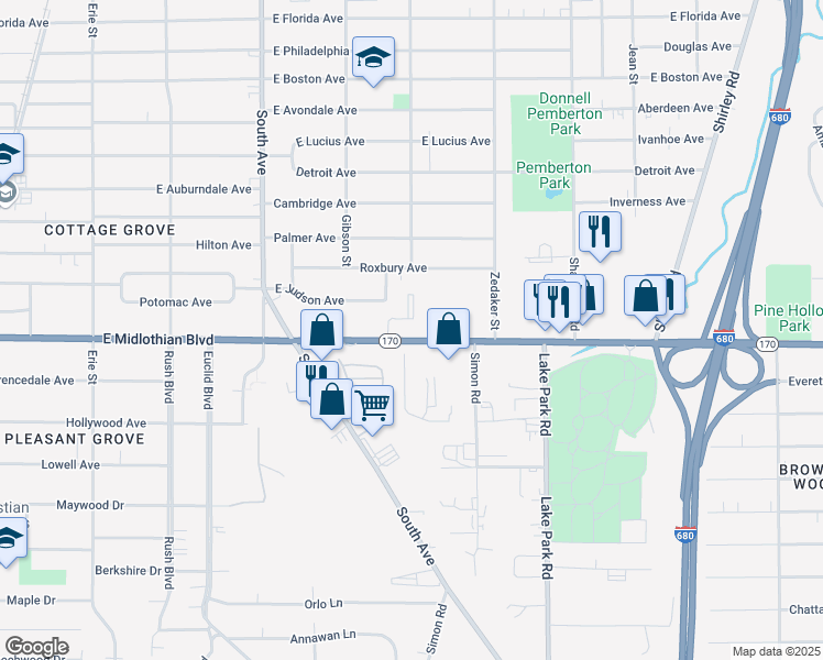 map of restaurants, bars, coffee shops, grocery stores, and more near 840 E Midlothian Blvd in Youngstown