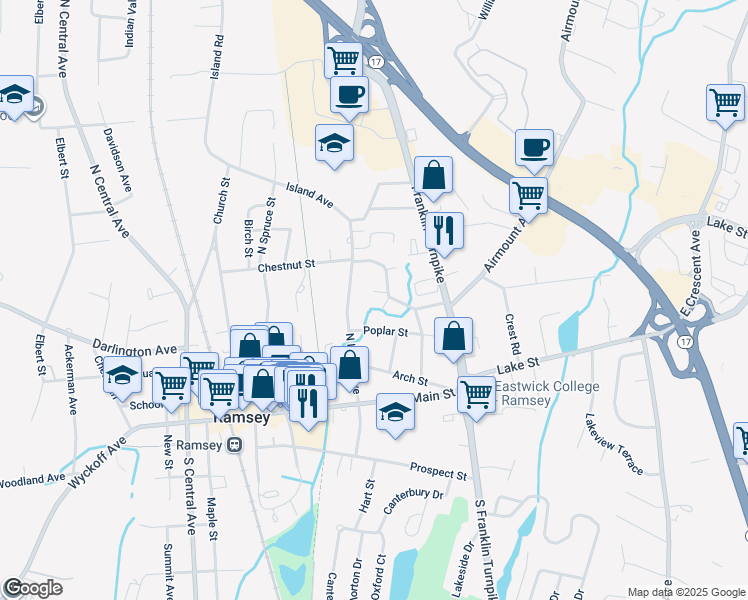 map of restaurants, bars, coffee shops, grocery stores, and more near 311 Washington Drive in Ramsey