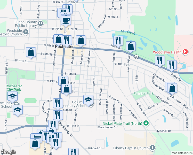 map of restaurants, bars, coffee shops, grocery stores, and more near 1201 Elm Street in Rochester