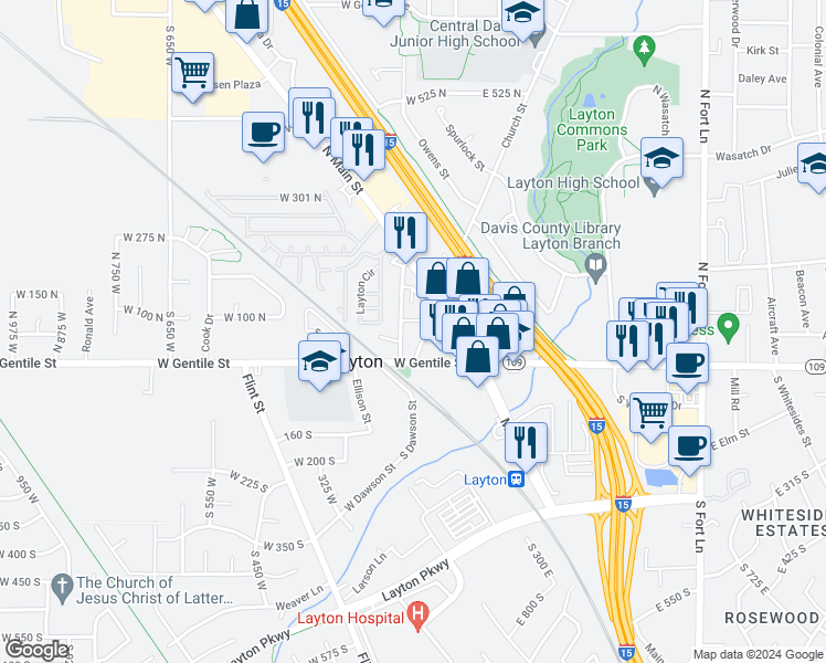 map of restaurants, bars, coffee shops, grocery stores, and more near 55 Church Street in Layton