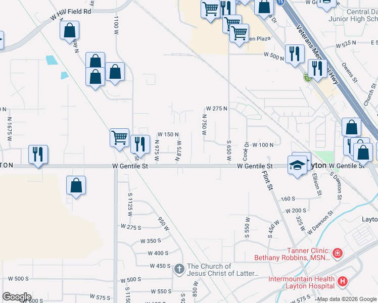map of restaurants, bars, coffee shops, grocery stores, and more near 65 Ronald Avenue in Layton