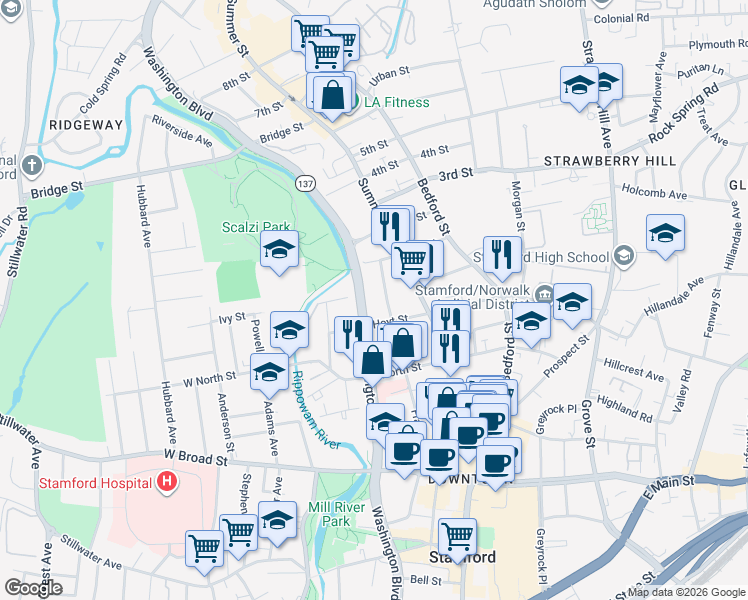 map of restaurants, bars, coffee shops, grocery stores, and more near 1611 Washington Boulevard in Stamford