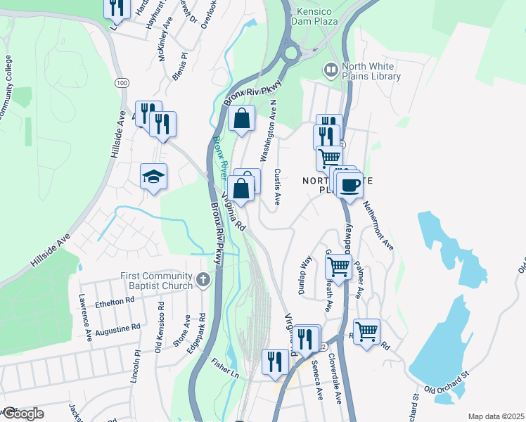 map of restaurants, bars, coffee shops, grocery stores, and more near 79 Washington Avenue North in White Plains