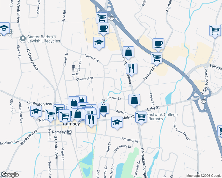 map of restaurants, bars, coffee shops, grocery stores, and more near 311 Washington Drive in Ramsey