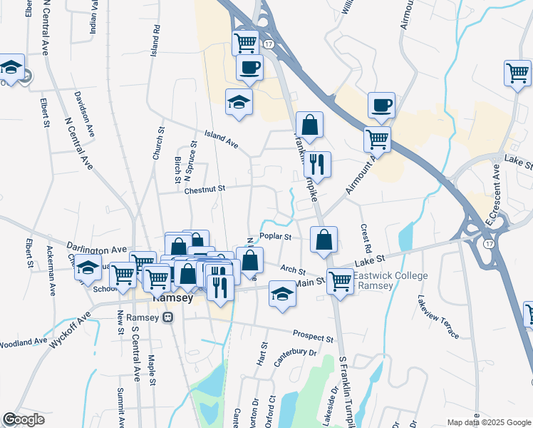 map of restaurants, bars, coffee shops, grocery stores, and more near 311 Washington Drive in Ramsey