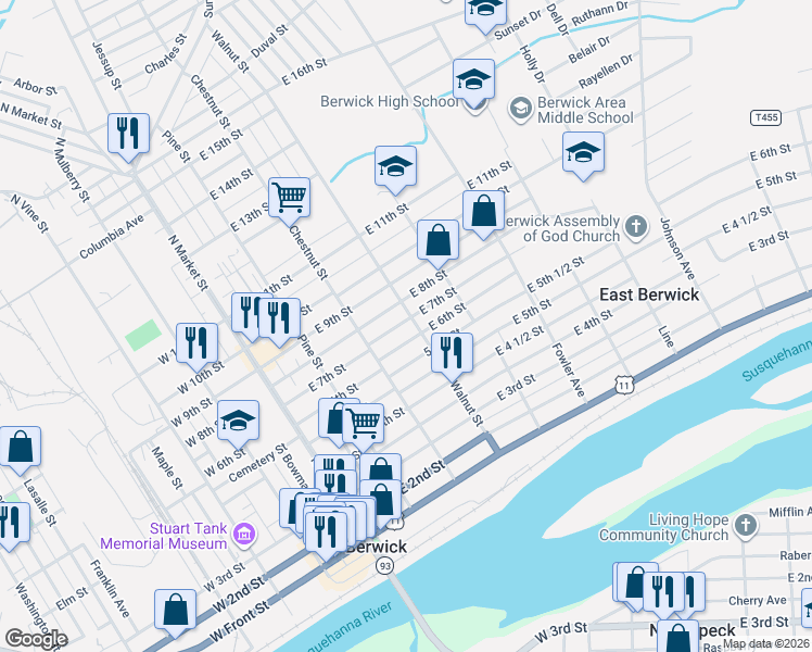 map of restaurants, bars, coffee shops, grocery stores, and more near 600-698 Walnut St in Berwick