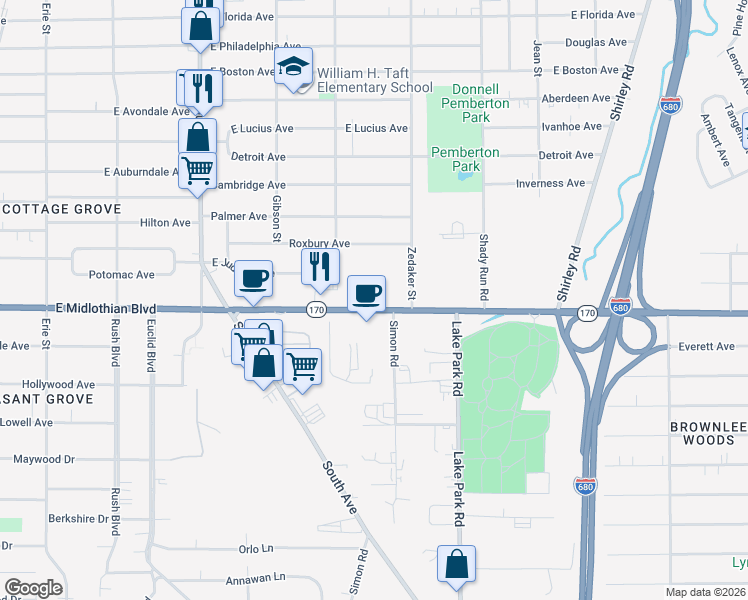 map of restaurants, bars, coffee shops, grocery stores, and more near 862-876 East Midlothian Boulevard in Boardman