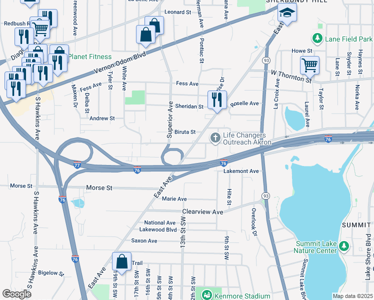 map of restaurants, bars, coffee shops, grocery stores, and more near 1455 East Avenue in Akron
