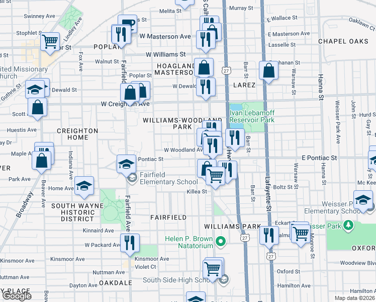 map of restaurants, bars, coffee shops, grocery stores, and more near 221 West Woodland Avenue in Fort Wayne