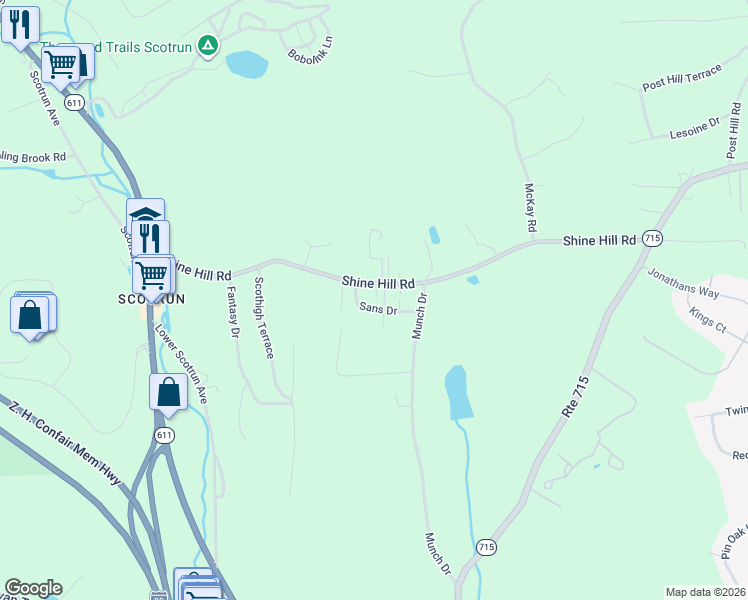 map of restaurants, bars, coffee shops, grocery stores, and more near 214 Shine Hill Road in Henryville