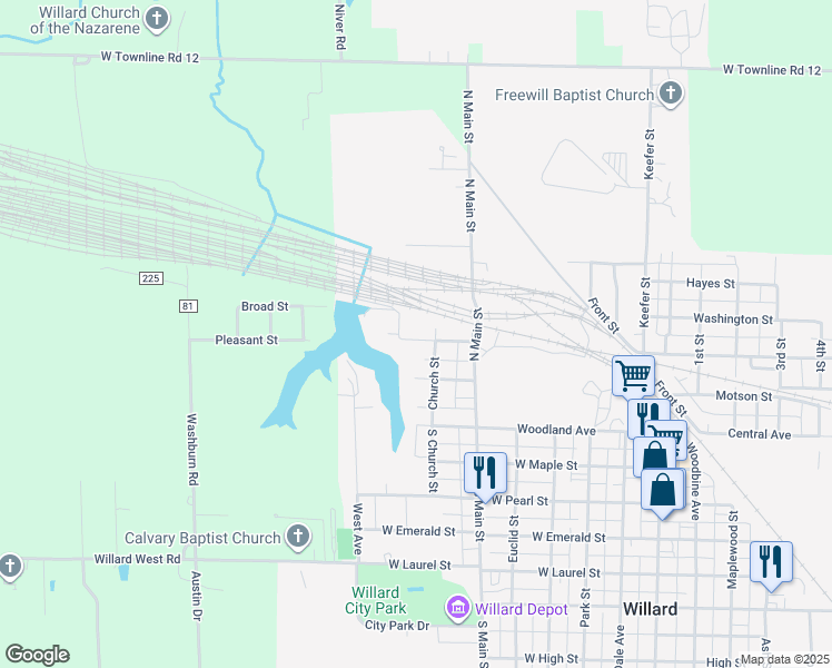 map of restaurants, bars, coffee shops, grocery stores, and more near 614 Pleasant Street in Willard