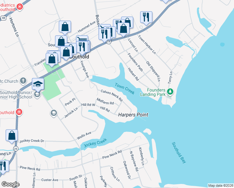 map of restaurants, bars, coffee shops, grocery stores, and more near 1165 Calves Neck Road in Southold