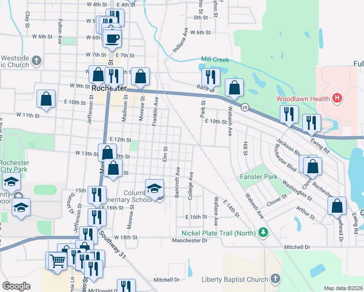 map of restaurants, bars, coffee shops, grocery stores, and more near 1201 Bancroft Avenue in Rochester