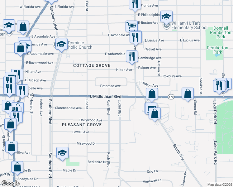map of restaurants, bars, coffee shops, grocery stores, and more near 318 East Midlothian Boulevard in Youngstown