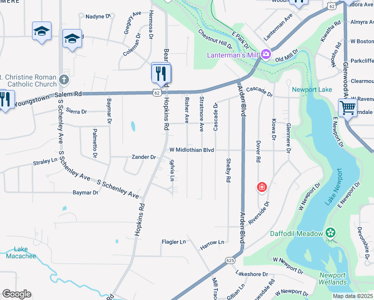 map of restaurants, bars, coffee shops, grocery stores, and more near 1901 West Midlothian Boulevard in Youngstown