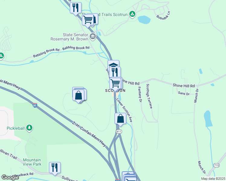 map of restaurants, bars, coffee shops, grocery stores, and more near 535 Scotrun Avenue in Monroe County