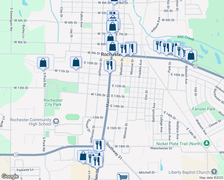 map of restaurants, bars, coffee shops, grocery stores, and more near 1200-1298 Madison Street in Rochester