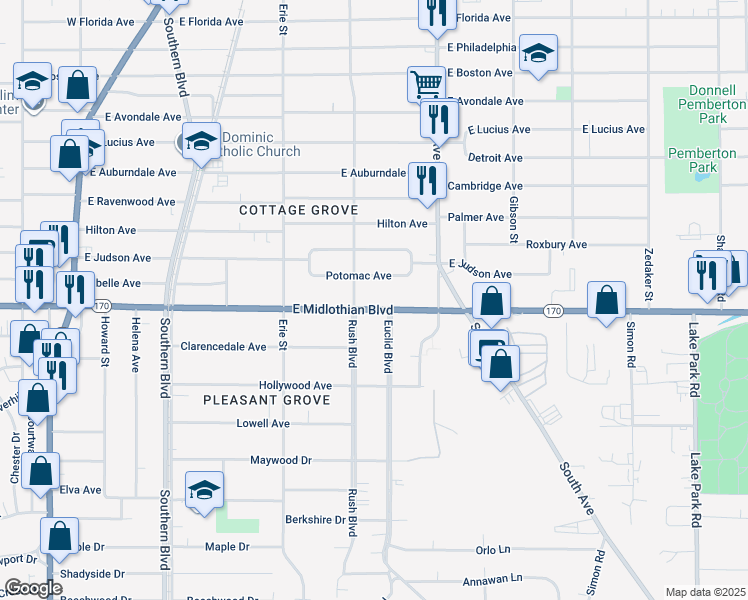 map of restaurants, bars, coffee shops, grocery stores, and more near 318 East Midlothian Boulevard in Youngstown