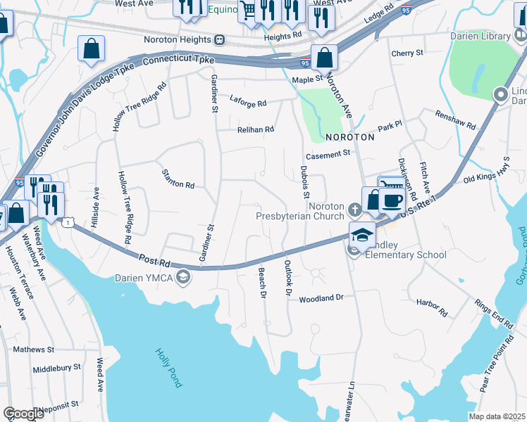 map of restaurants, bars, coffee shops, grocery stores, and more near 10 Salt Box Lane East in Darien
