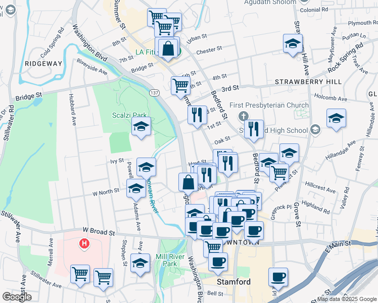 map of restaurants, bars, coffee shops, grocery stores, and more near 1611 Washington Boulevard in Stamford