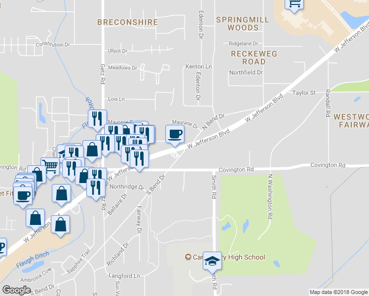 map of restaurants, bars, coffee shops, grocery stores, and more near 2727 South Bend Drive in Fort Wayne