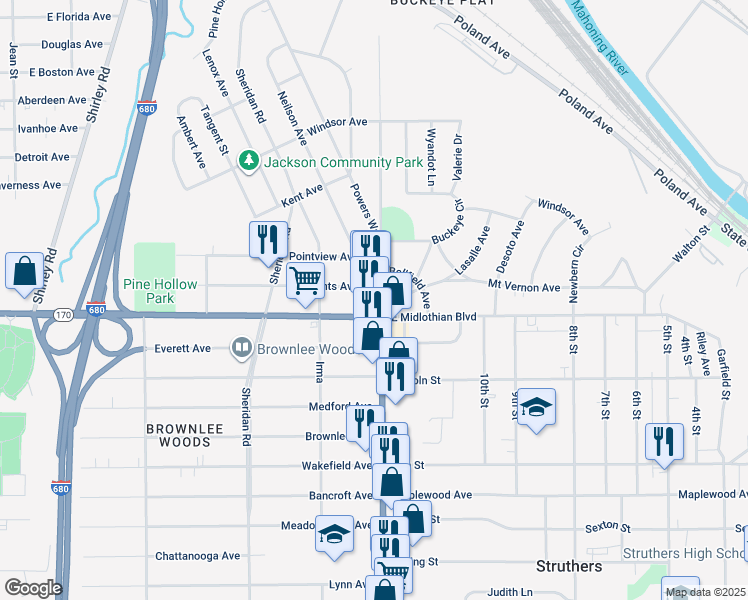 map of restaurants, bars, coffee shops, grocery stores, and more near 3800 Loveland Road in Youngstown