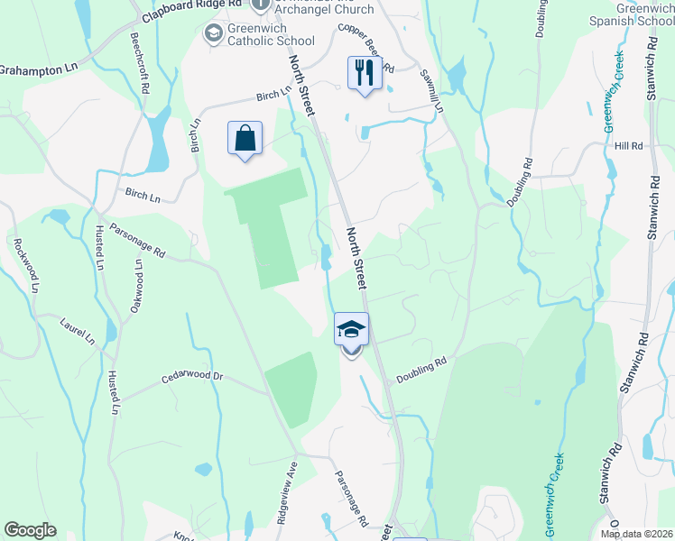 map of restaurants, bars, coffee shops, grocery stores, and more near 14 Buckingham Ln in Greenwich