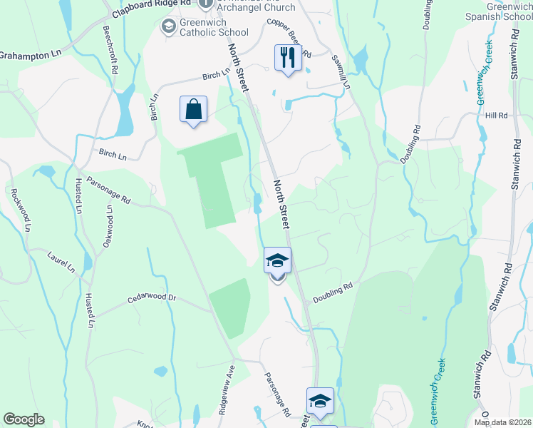 map of restaurants, bars, coffee shops, grocery stores, and more near 14 Buckingham Lane in Greenwich