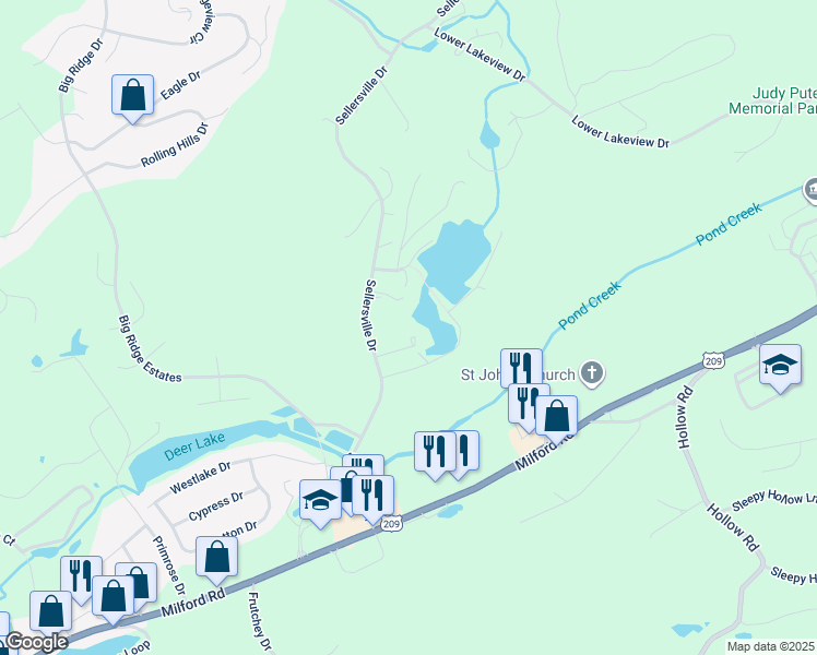 map of restaurants, bars, coffee shops, grocery stores, and more near 117 Split Road in East Stroudsburg