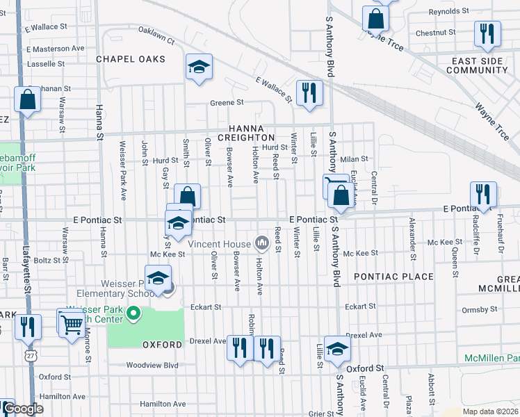 map of restaurants, bars, coffee shops, grocery stores, and more near 1331 East Pontiac Street in Fort Wayne