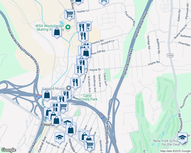 map of restaurants, bars, coffee shops, grocery stores, and more near 134 Winthrop Avenue in Elmsford