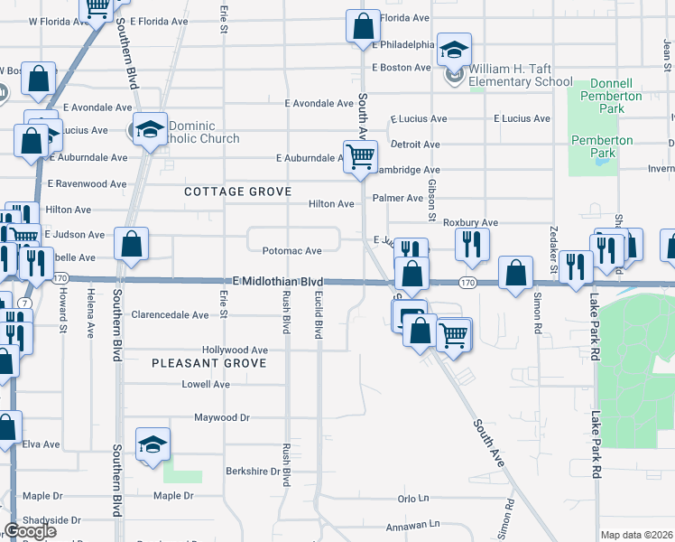 map of restaurants, bars, coffee shops, grocery stores, and more near 360 East Midlothian Boulevard in Youngstown