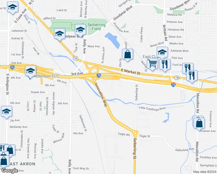 map of restaurants, bars, coffee shops, grocery stores, and more near 1441 League Street in Akron