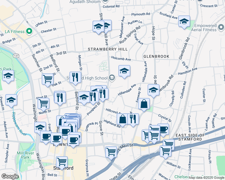 map of restaurants, bars, coffee shops, grocery stores, and more near 27 Strawberry Hill Avenue in Stamford