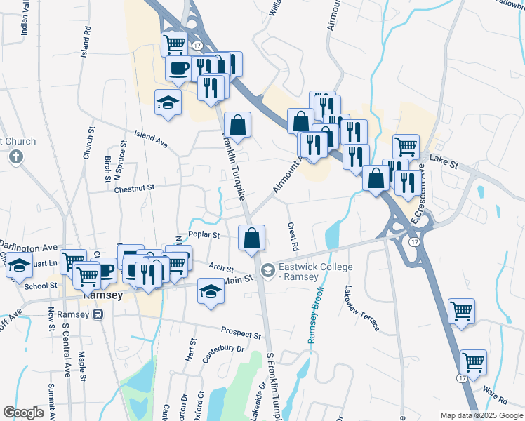 map of restaurants, bars, coffee shops, grocery stores, and more near 14 Airmount Avenue in Ramsey