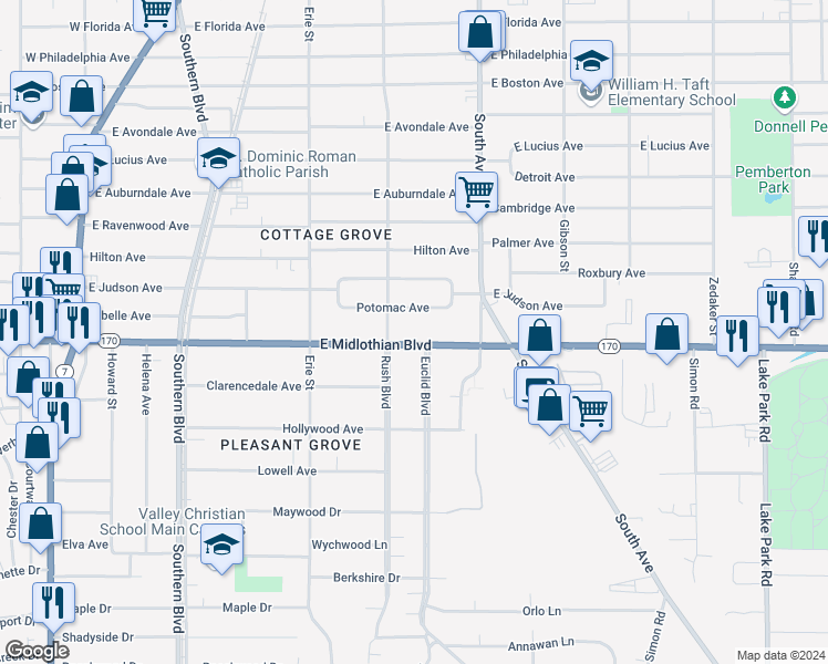 map of restaurants, bars, coffee shops, grocery stores, and more near 318 East Midlothian Boulevard in Youngstown