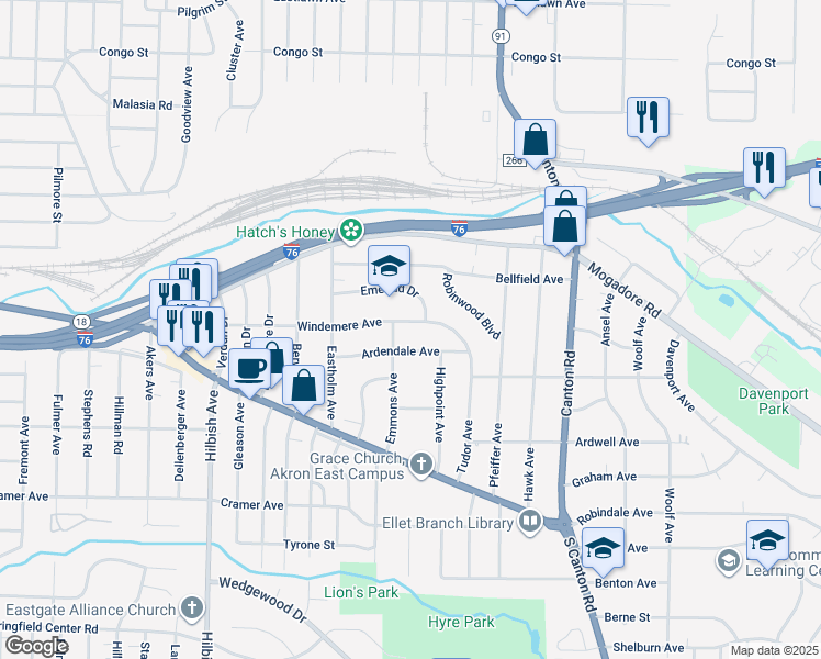 map of restaurants, bars, coffee shops, grocery stores, and more near 2308 Windemere Avenue in Akron